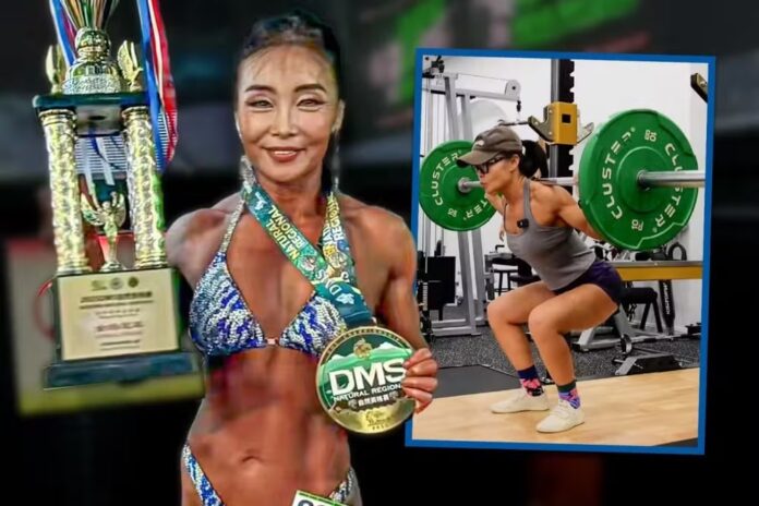 55 yaşlı bodybuilding çempionu Vanq Jianronq məşq zamanı.